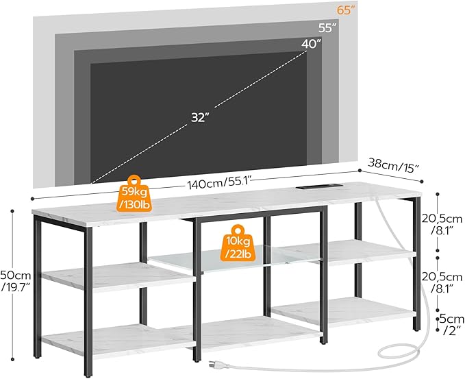 HOOBRO LED TV Stand for 65 Inch TVs with Charging Station, Gaming Entertainment Center with 3-Tier Open Storage, Long Media TV Console Table, TV Stand for Living Room, Bedroom, Marble White BM20UDDS01 - LeafyLoom