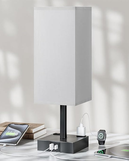 Touch Bedside Table Lamp For Nightstand - 3-Way Dimmable Night Lamp with USB A + Type C Charging Ports and two AC Outlets, Small Desk Light with E26 LED Bulb for Bedroom Living Room Office, Grey Black - LeafyLoom