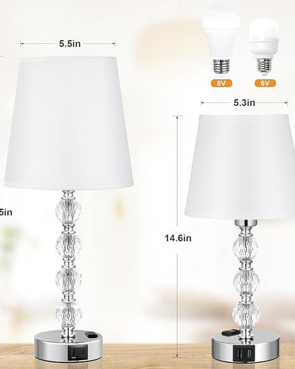Bedside Lamps for bedrooms Set of 2 Nightstand - Large Crystal Table Lamps with USB C Charging Ports and AC Outlet, 3 Way Dimmable Touch Control Silver Bed Side Table Lamp for Living Room/Dining Room - LeafyLoom