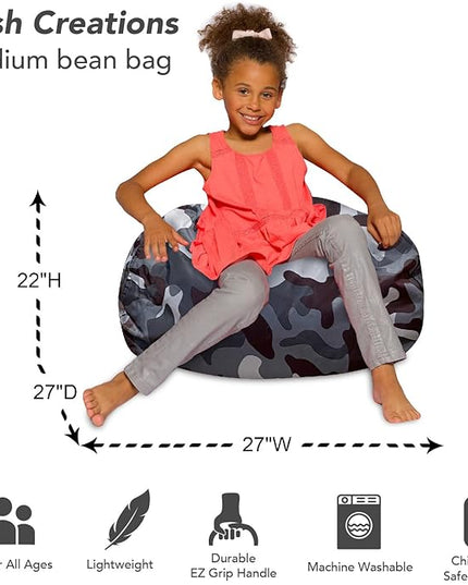 Posh Creations Bean Bag Chair for Kids, Teens, and Adults Includes Removable and Machine Washable Cover, Soft Nylon - Camo Dark and Black Gray, 27in - Medium - LeafyLoom