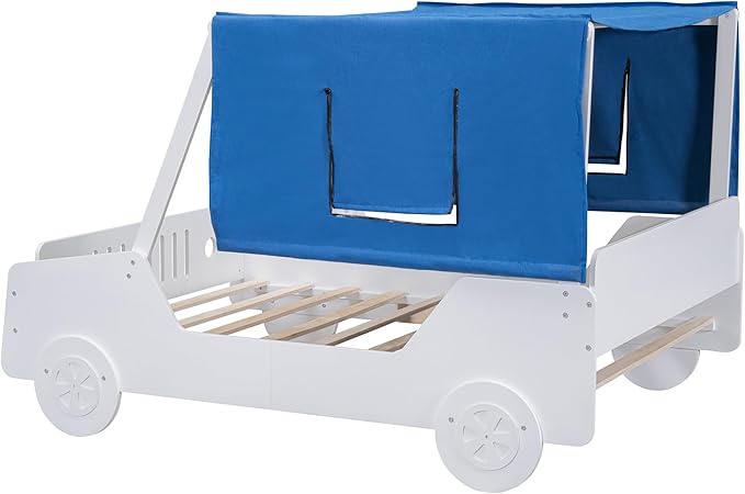Full Size Kids Car Bed with Tent Canopy & Wheels,Wood Bedframe W/Safty Grille,Raised Base Design,Easy to Assemble,Toddler Boys Car-Shaped Bedroom Beds for Reading Playing Relaxing,White - LeafyLoom