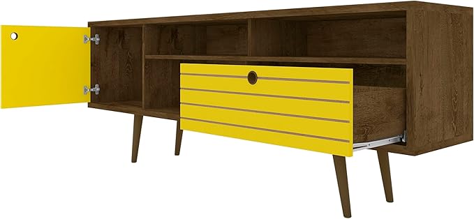 Manhattan Comfort Liberty Mid Century Modern TV Stand for Televisions up to 65 Inches, Bedroom and Living Room Entertainment Center with Storage, Shelves, and Cabinet, 71" Wide, Rustic Brown/Yellow - LeafyLoom