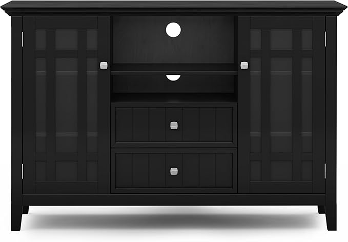 SIMPLIHOME Bedford SOLID WOOD Wide Transitional Media Stand for TVs up to 60 inches for The Living Room and Entertainment Center, 53 inch, Black - LeafyLoom