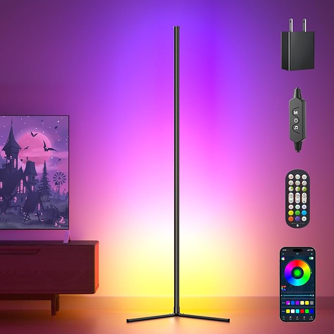Buyya Smart LED Floor Lamp: 65 Inch RGB Corner Lamp 16 Million Colour Changing Corner Light Music Sync DIY Mode with APP/Remote Control Standing Lamps for Living Room Bedroom Decoration - LeafyLoom