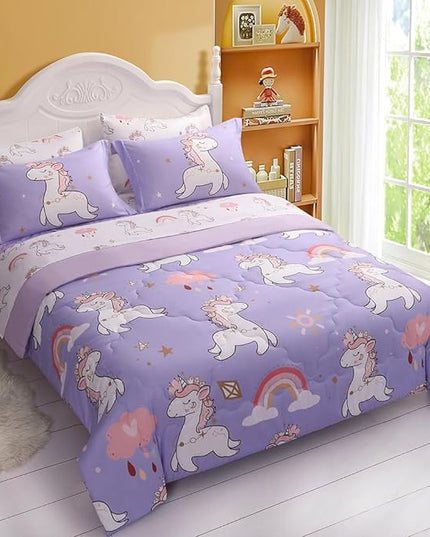 Wajade Kids Purple Unicorn Comforter Set Bed in A Bag Full Size 7 Piece Cute Unicorn Rainbow Clouds Bedding Set for Girls (1 Comforter, 1 Flat Sheet, 1 Fitted Sheet, 2 Pillowcase and 2 Pillow Sham) - LeafyLoom