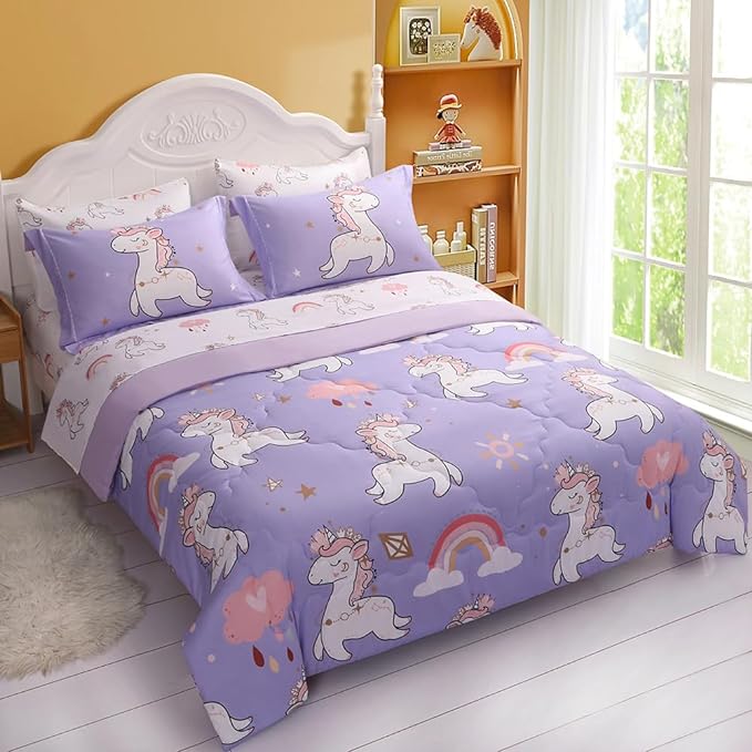 Wajade Kids Purple Unicorn Comforter Set Bed in A Bag Full Size 7 Piece Cute Unicorn Rainbow Clouds Bedding Set for Girls (1 Comforter, 1 Flat Sheet, 1 Fitted Sheet, 2 Pillowcase and 2 Pillow Sham) - LeafyLoom