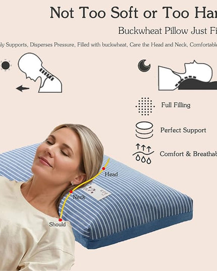Buckwheat Bed Pillow for Sleeping Cervical Support Buckwheat Hull Pillow, Cooling Firm Buckwheat Neck Pillow,Adjustable Loft, Removable Pillowcase, Blue 24"X14" - LeafyLoom