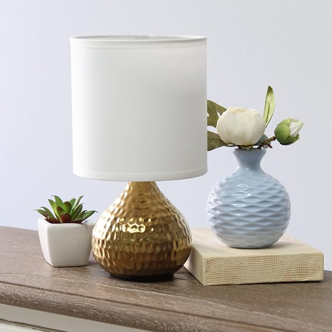 Simple Designs LT2073-GDW Mini Hammered Texture Gold Drip Table Lamp with White Shade - LeafyLoom