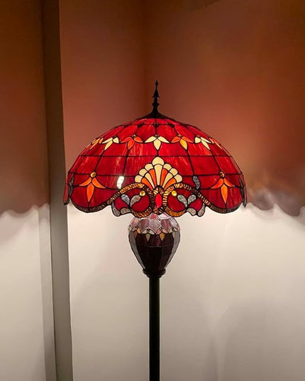 Bieye L10887 Baroque Tiffany Style Stained Glass Double Lit Floor Lamp for Home Decor 64-inch Tall (20-inch Wide, Red) - LeafyLoom