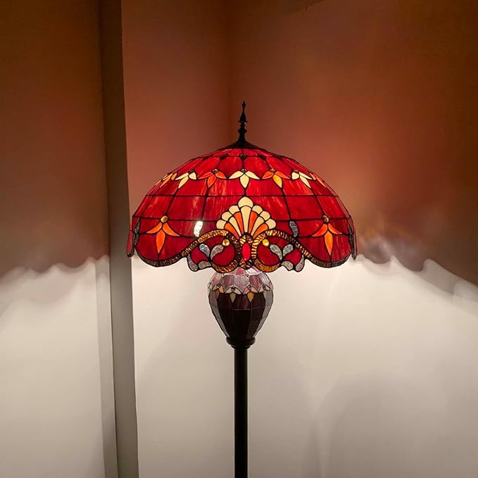 Bieye L10887 Baroque Tiffany Style Stained Glass Double Lit Floor Lamp for Home Decor 64-inch Tall (20-inch Wide, Red) - LeafyLoom