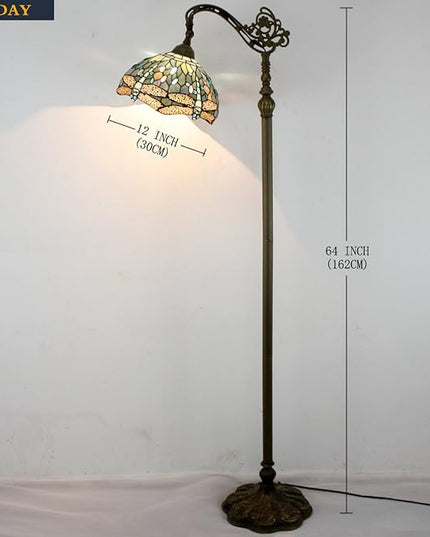 WERFACTORY Tiffany Floor Lamp Sea Blue Stained Glass Dragonfly Arched Lamp 12X18X64 Inches Gooseneck Adjustable Corner Standing Reading Light Decor Bedroom Living Room S147 Series - LeafyLoom
