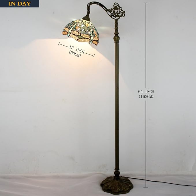 WERFACTORY Tiffany Floor Lamp Sea Blue Stained Glass Dragonfly Arched Lamp 12X18X64 Inches Gooseneck Adjustable Corner Standing Reading Light Decor Bedroom Living Room S147 Series - LeafyLoom