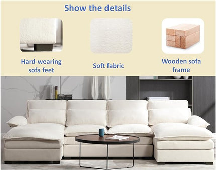 U Shaped Symmetrical Sectional Couch with Waist Poillows and Detachable Pillow Armrest, 6 Seater Oversized Modular Lounge Sofa with Double Chaise & Memory Foam for Living Room Apartment - LeafyLoom