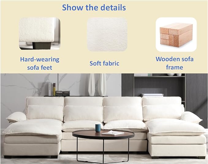Symmetrical U Shaped Modular Sectional Sofa Cloud Couch, 6 Seater Oversized Convertible Sleeper Couch with Double Chaise & Memory Foam, Deep Seat Corner Sofa&Couches for Living Room Office - LeafyLoom
