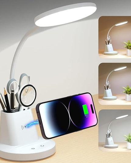 Sailstar Desk Lamp for Home Office, Small Desk Lamp with Wireless Charger & Pen Holder, Cute Desk Lamp LED Dimmable Touch 3 Lighting Modes Memory, Gooseneck White Desk Light for College Dorm Room - LeafyLoom