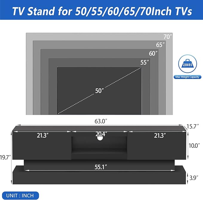 Glossy Black LED TV Stand for 75 inch TV, Modern TV Console Table with Storage and LED Lights, Gaming Media Entertainment Center for Living Room Bedroom (63 Inch, Black) - LeafyLoom