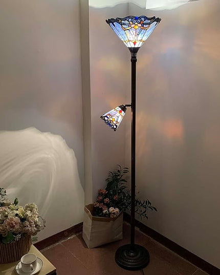 Bieye L10686 Baroque Tiffany Style Stained Glass Torchiere Floor Lamp with Sidelight for Reading Home Decor, 71-inch Tall - LeafyLoom