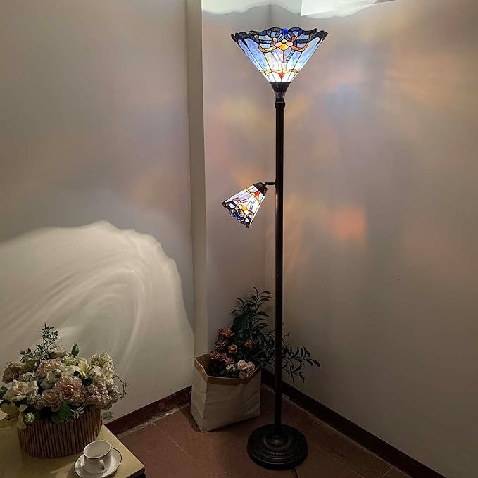 Bieye L10686 Baroque Tiffany Style Stained Glass Torchiere Floor Lamp with Sidelight for Reading Home Decor, 71-inch Tall - LeafyLoom