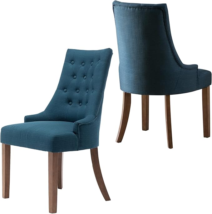 COLAMY Wingback Upholstered Dining Chairs Set of 2, Fabric Side Dining Room Chairs with Tufted Button, Living Room Chairs for Home Kitchen- Dark Blue - LeafyLoom