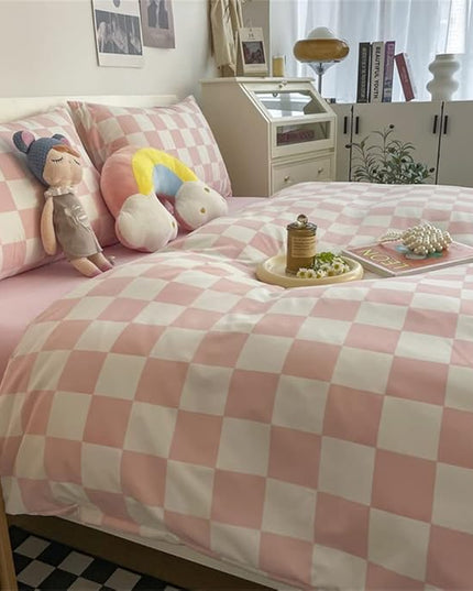 Wellboo Pink White Plaid Comforter Sets Queen Women Men Bean Pink and White Checkerboard Grid Bedding Comforters Cotton Boys Girls Modern Dusty Pink Checkered Geometric Quilts Luxury Abstract Bed - LeafyLoom