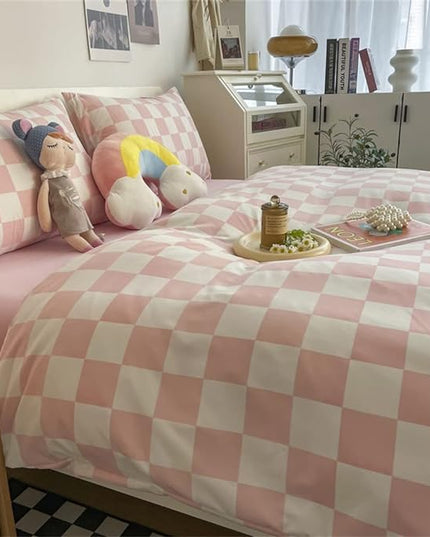 Wellboo Pink White Plaid Comforter Sets King Women Men Bean Pink and White Checkerboard Grid Bedding Comforters Cotton Boys Girls Modern Dusty Pink Checkered Geometric Quilts Luxury Abstract Bed - LeafyLoom