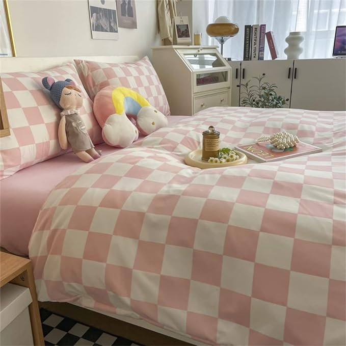 Wellboo Pink White Plaid Comforter Sets King Women Men Bean Pink and White Checkerboard Grid Bedding Comforters Cotton Boys Girls Modern Dusty Pink Checkered Geometric Quilts Luxury Abstract Bed - LeafyLoom