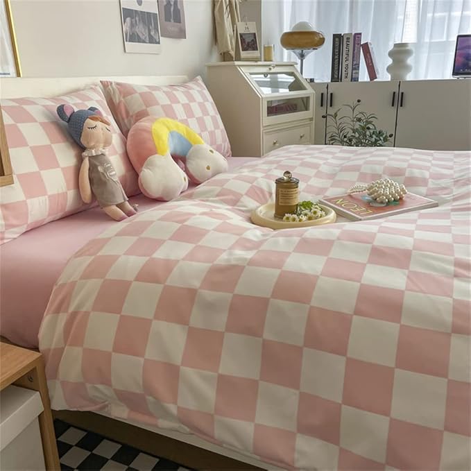 Wellboo Pink White Plaid Comforter Sets California King Women Men Bean Pink and White Checkerboard Grid Bedding Comforters Cal King Cotton Boys Girls Modern Dusty Pink Checkered Geometric Quilts - LeafyLoom