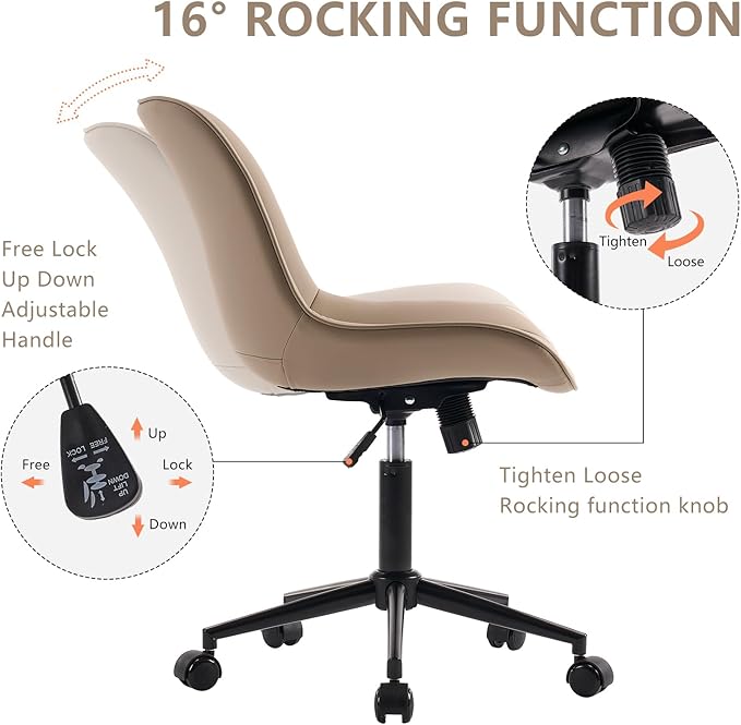 YOUNIKE Armless Office Chair Leather Desk Chair with Wheels Swivel Rolling Task Chair with Back Upholstered Computer Chair Height Adjustable Modern Ergonomic Wide Seat Khaki - LeafyLoom