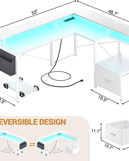 Unikito L Shaped Desk with File Drawer, Reversible L Shaped Computer Desk with Power Outlet & LED Lights, Home Office Desk Corner Desk with Monitor Shelf and Printer Cabinet, Gaming Desk, White - LeafyLoom