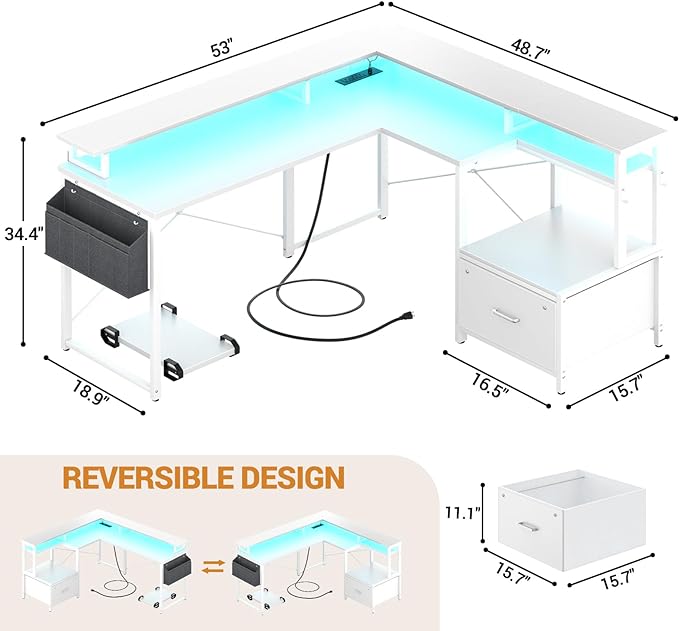Unikito L Shaped Desk with File Drawer, Reversible L Shaped Computer Desk with Power Outlet & LED Lights, Home Office Desk Corner Desk with Monitor Shelf and Printer Cabinet, Gaming Desk, White - LeafyLoom