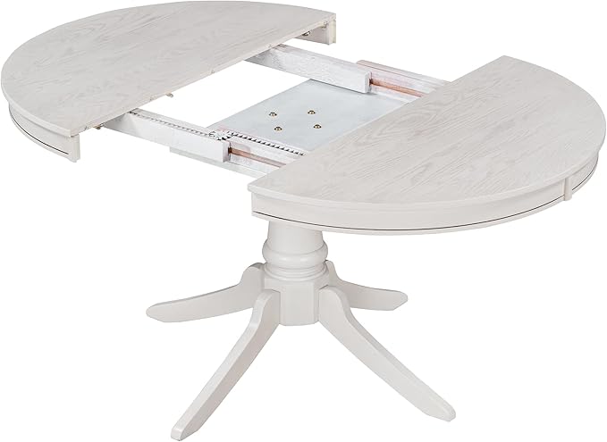 5-Piece Wooden Round Extendable Dining Table and 4 Upholstered Chairs Set for Kitchen Room Furniture, Retro Style, Antique White, 42"-58" L x 42" W x 30" H - LeafyLoom