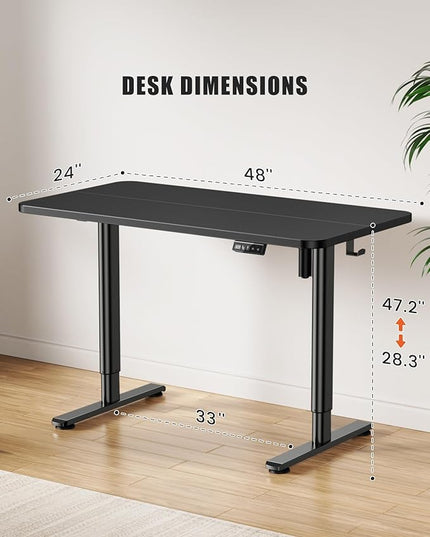 Electric Standing Desk Adjustable Height Stand Up Desk, 48" x 24" Sit Stand Desk, Low Noise Home Office Desk, Computer Desk with Splice Board, Child Lock & Memory Function, Black - LeafyLoom