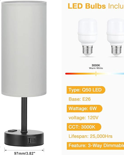 Grey Touch Table Lamps Set of 2-3 Way Dimmable Bedroom Lamps for Bedside with USB C and A Ports, Small Nightstand Lamps with AC Outlet, Desk Lamps with Black Base for Office Boys - LeafyLoom