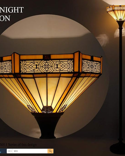 WERFACTORY Tiffany Floor Lamp Yellow Hexagon Stained Glass Mission Light 12X12X66 Inches Torchiere Standing Corner Torch Uplight Decor Bedroom Living Room Home Office S011 Series - LeafyLoom