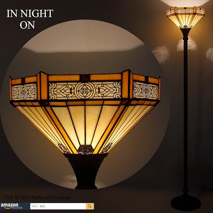 WERFACTORY Tiffany Floor Lamp Yellow Hexagon Stained Glass Mission Light 12X12X66 Inches Torchiere Standing Corner Torch Uplight Decor Bedroom Living Room Home Office S011 Series - LeafyLoom