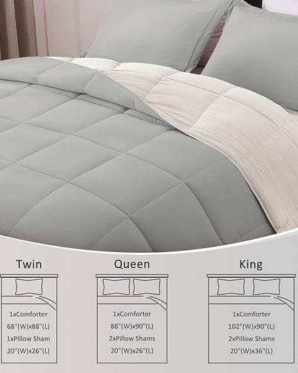 Basic Beyond King Size Comforter Set - Fluffy King Bed Comforter Set for All Seasons - Reversible White King Comforter Set - 3 Pieces (1 Comforter + 2 Pillow Shams) - White/Grey - LeafyLoom