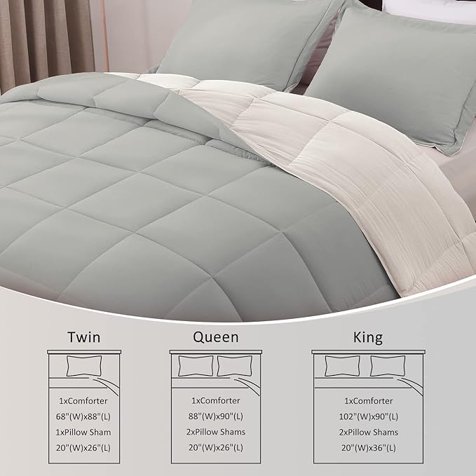 Basic Beyond Queen Comforter Set - Fluffy Comforter Queen Set for All Seasons - Reversible White Queen Comforter Set for Mens - 3 Pieces (1 Comforter + 2 Pillow Shams) - White/Grey - LeafyLoom