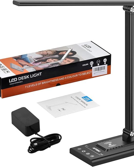 AFROG 5th Gen Multifunctional LED Desk Lamp with 10W Fast Wireless Charger, USB Charging Port,1800Lux Super Bright,5 Lighting Mode,7 Brightness, Touch Control, Auto Timer, 15W Office Table Lamp - LeafyLoom