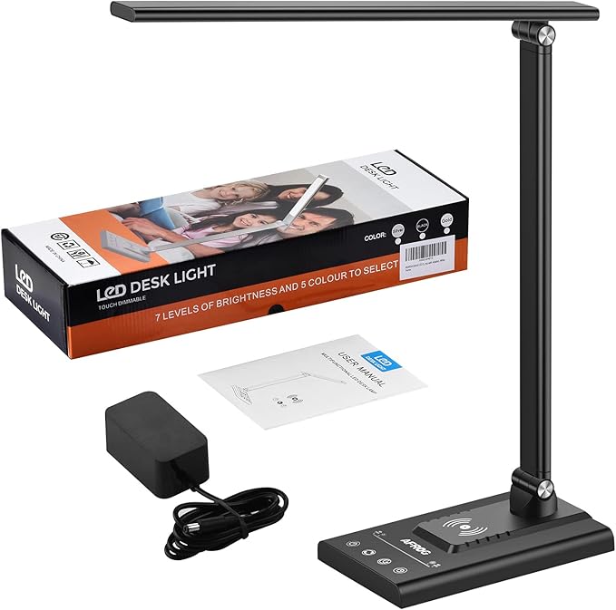 AFROG 5th Gen Multifunctional LED Desk Lamp with 10W Fast Wireless Charger, USB Charging Port,1800Lux Super Bright,5 Lighting Mode,7 Brightness, Touch Control, Auto Timer, 15W Office Table Lamp - LeafyLoom