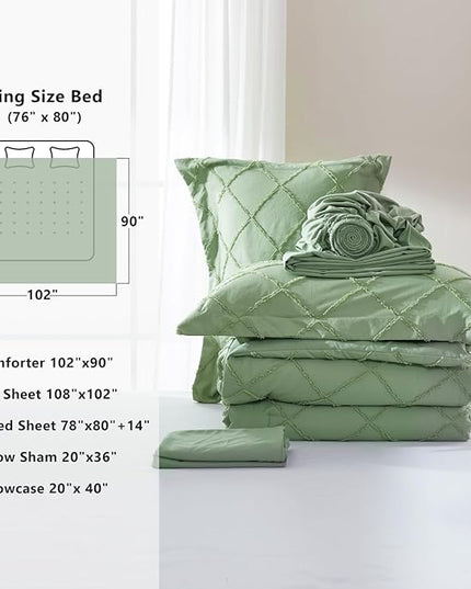 Boho Sage Green Comforter Set with Jacquard Tufted Design,Farmhouse Bedding Sets for All Seasons,Soft 7 Pieces King Bed in a Bag with Comforter,Flat Sheet,Fitted Sheet,Pillowcases & Shams - LeafyLoom