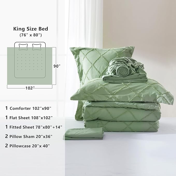 Boho Sage Green Comforter Set with Jacquard Tufted Design,Farmhouse Bedding Sets for All Seasons,Soft 7 Pieces King Bed in a Bag with Comforter,Flat Sheet,Fitted Sheet,Pillowcases & Shams - LeafyLoom