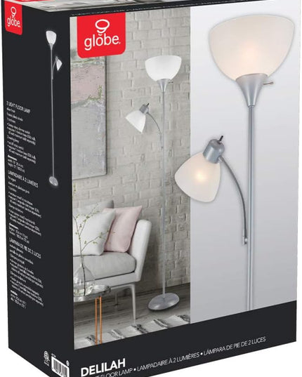 Globe Electric 67134 72" Torchiere Floor Lamp + Adjustable Reading Light, Silver, Frosted Plastic Shade, 3-Step Rotary Switch on Socket, Living Room Décor, Reading Light, Home Essentials, Bedroom - LeafyLoom