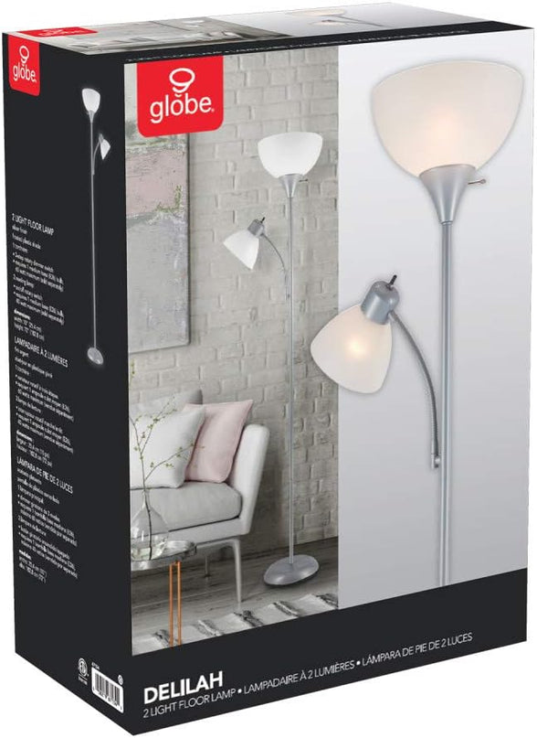 Globe Electric 67134 72" Torchiere Floor Lamp + Adjustable Reading Light, Silver, Frosted Plastic Shade, 3-Step Rotary Switch on Socket, Living Room Décor, Reading Light, Home Essentials, Bedroom - LeafyLoom