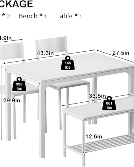SogesPower Dining Room Table Set 43 Inch Kitchen Table Set with 2 Chairs and Bench, Dining Room Table Set for 4 Home, Kitchen, Dining Room, Restaurant, White - LeafyLoom