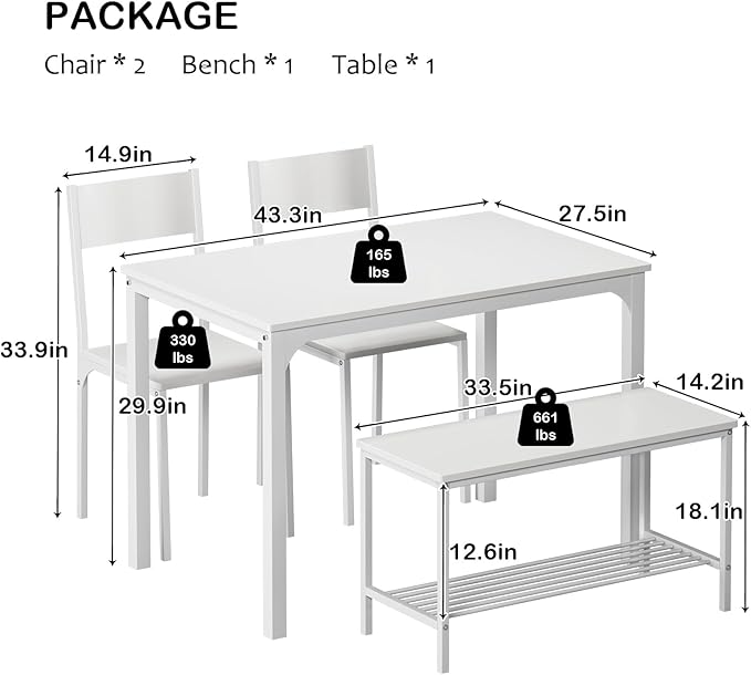 SogesPower Dining Room Table Set 43 Inch Kitchen Table Set with 2 Chairs and Bench, Dining Room Table Set for 4 Home, Kitchen, Dining Room, Restaurant, White - LeafyLoom