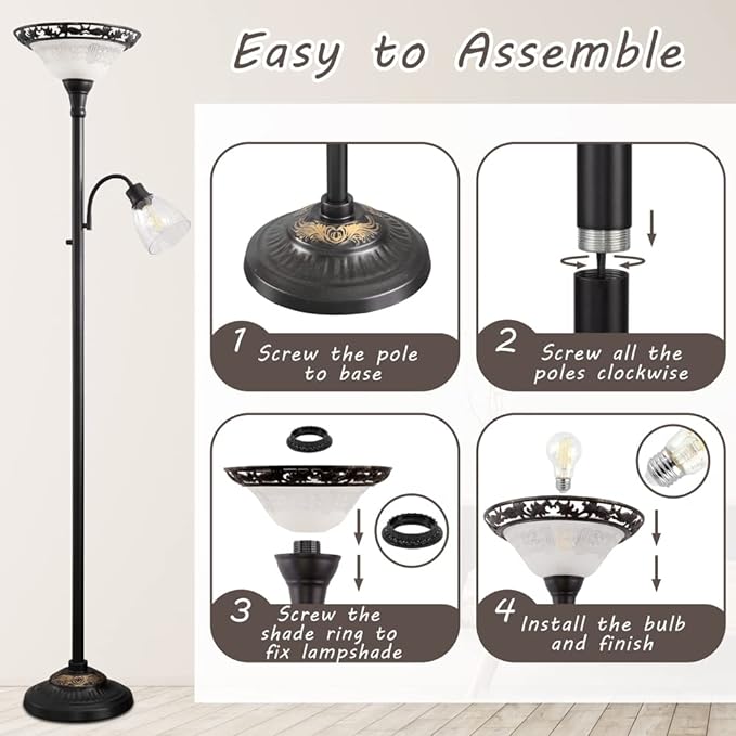Victorian Floor Lamp, 70" Elegant Standing Lamp with Etched Glass Shade, Metal Body & Heavy Base, Vintage Tall Corner Lamp Decor for bedroom, Living Room, Den, Office. No Bulbs (2 Head) - LeafyLoom
