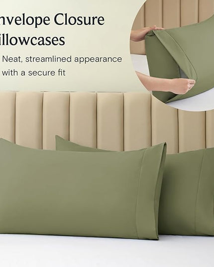 LuxClub 6 PC Queen Sheet Set, Breathable Luxury Bed Sheets, Deep Pockets 18" Eco Friendly Wrinkle Free Cooling Sheets Machine Washable Hotel Bedding Silky Soft - Olive Queen - LeafyLoom