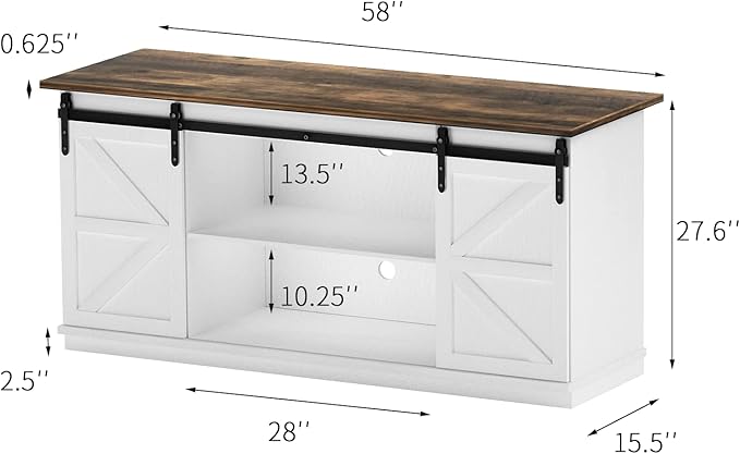 YESHOMY Farmhouse TV Stand and Entertainment Center for Televisions up to 65 Inchs, with Sliding Barn Doors and Storage Cabinets, Console Table and Media Furniture for Living Room, 58 Inch, Milk White - LeafyLoom