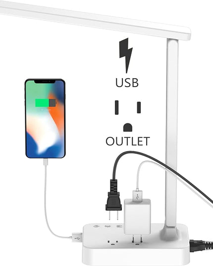 Drevet LED Desk Lamp, Desk Light with 1 USB Charging Port and 2 AC Power Outlet, 3 Lighting Modes, 3 Level Brightness,1H Timer, Touch Control, Eye-Caring Home Office Foldable Table Lamp (White) - LeafyLoom
