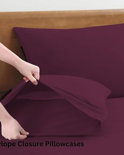 LANE LINEN 100% Organic Cotton Full Sheets Set 4-Piece Pure Percale Long Staple Soft Bedding Breathable Fits Mattress Upto 15" Deep - Windsor Wine - LeafyLoom